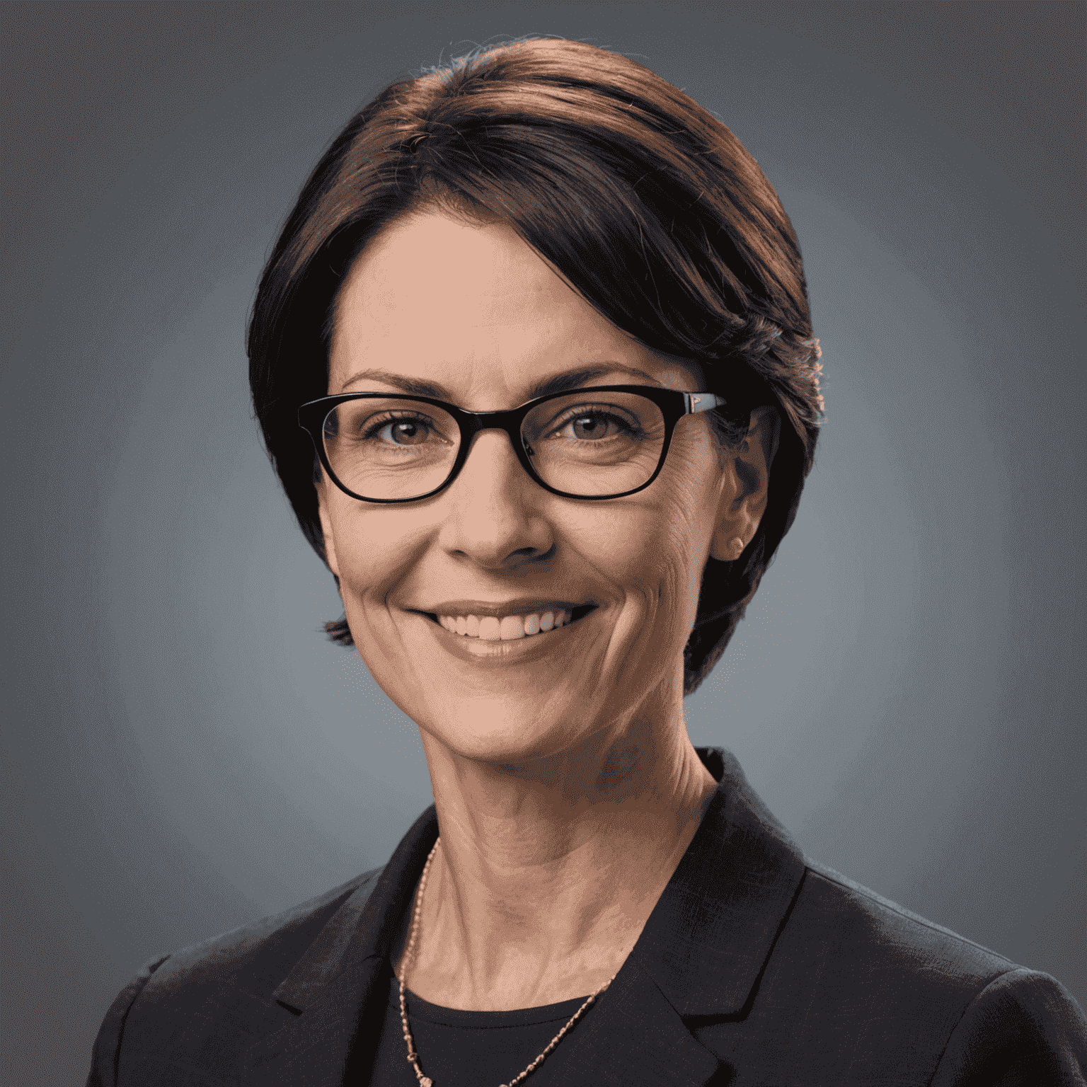 Portrait of Jane Doe, a woman in her 40s with short dark hair and glasses, smiling confidently in a professional setting