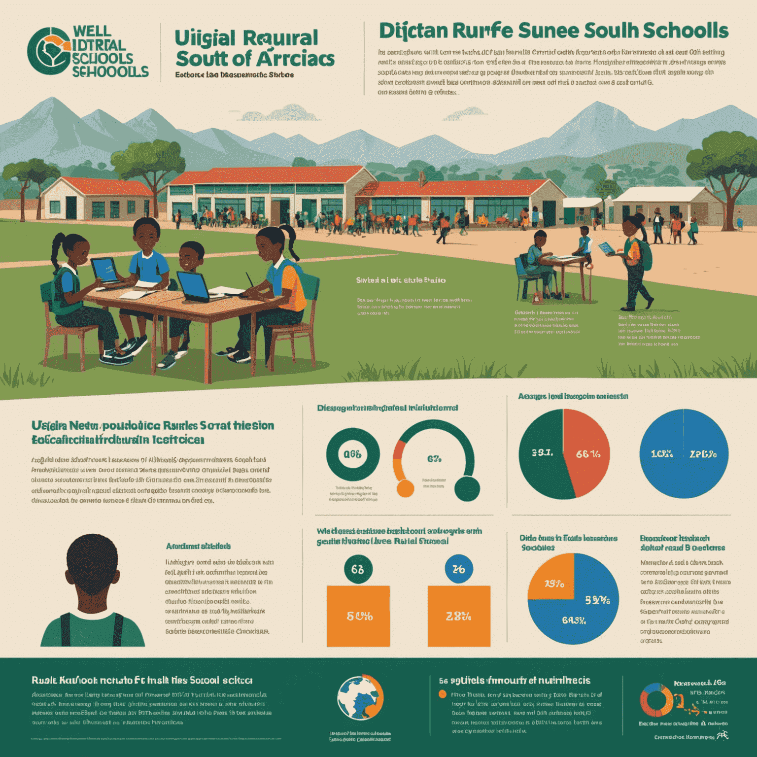 An infographic showing the contrast between well-equipped urban schools and under-resourced rural schools in South Africa, highlighting the digital divide in education