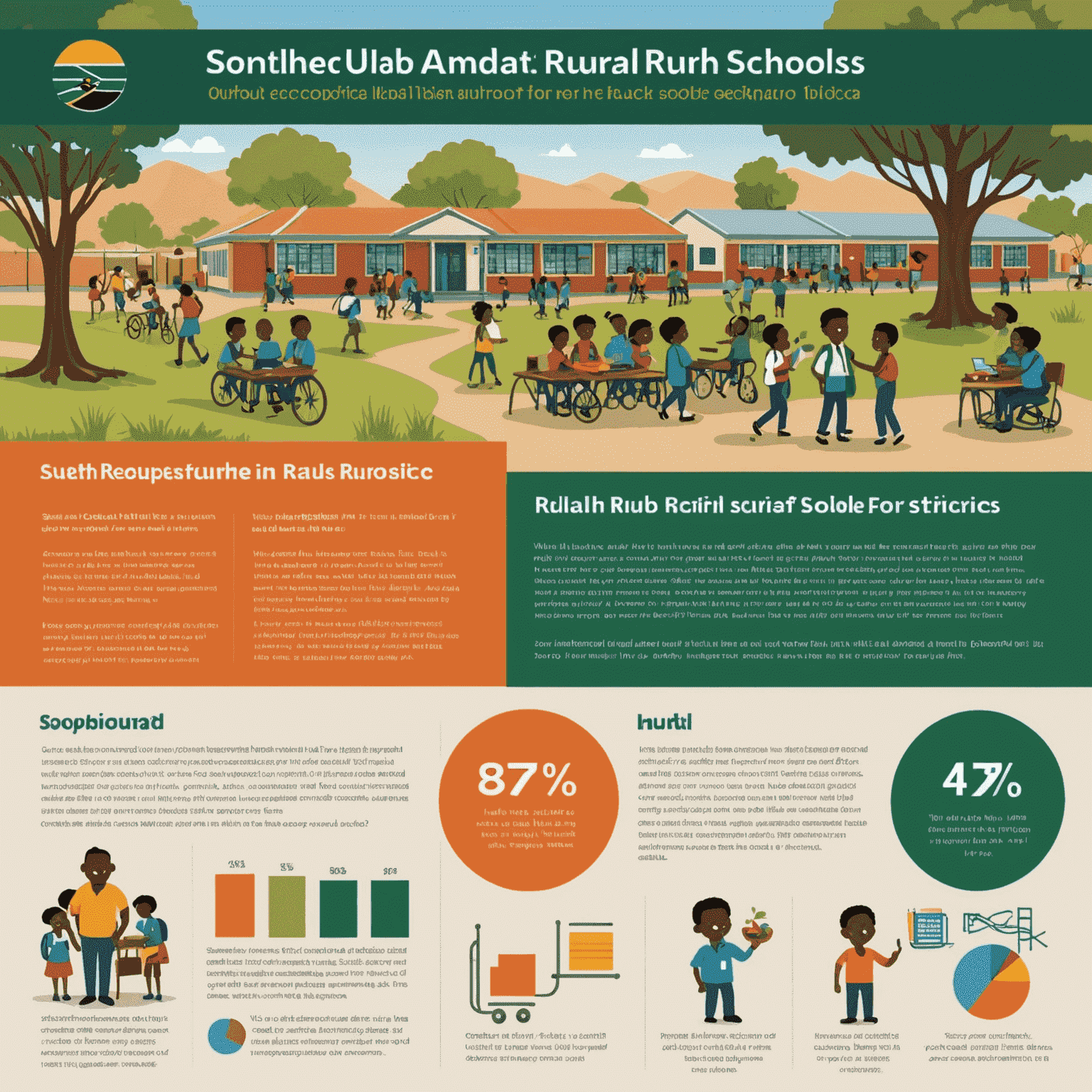 Infographic showing the contrast between well-equipped urban schools and under-resourced rural schools in South Africa