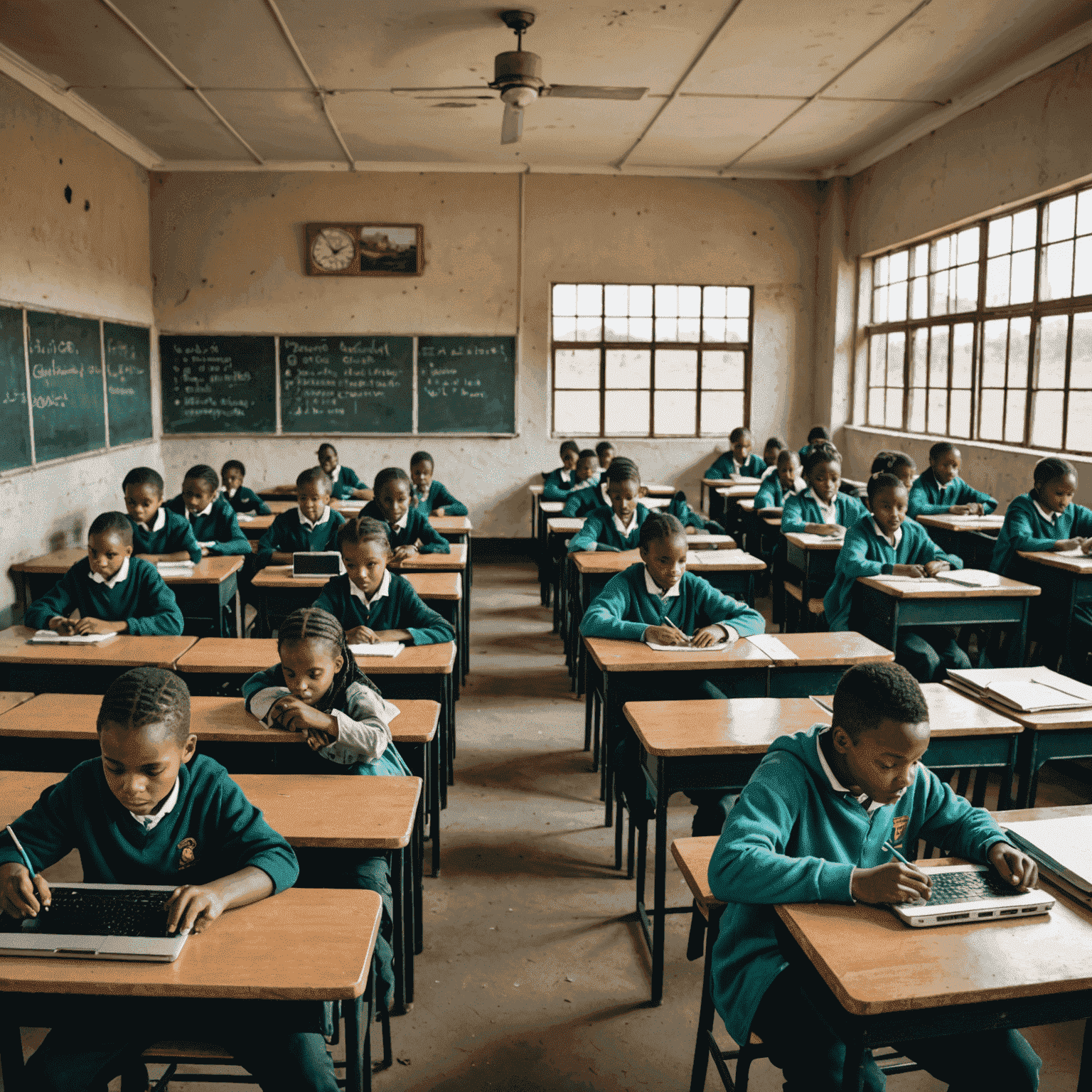 A split image showing a well-equipped urban classroom with computers on one side, and a rural classroom without technology on the other, symbolizing the digital divide in South African education