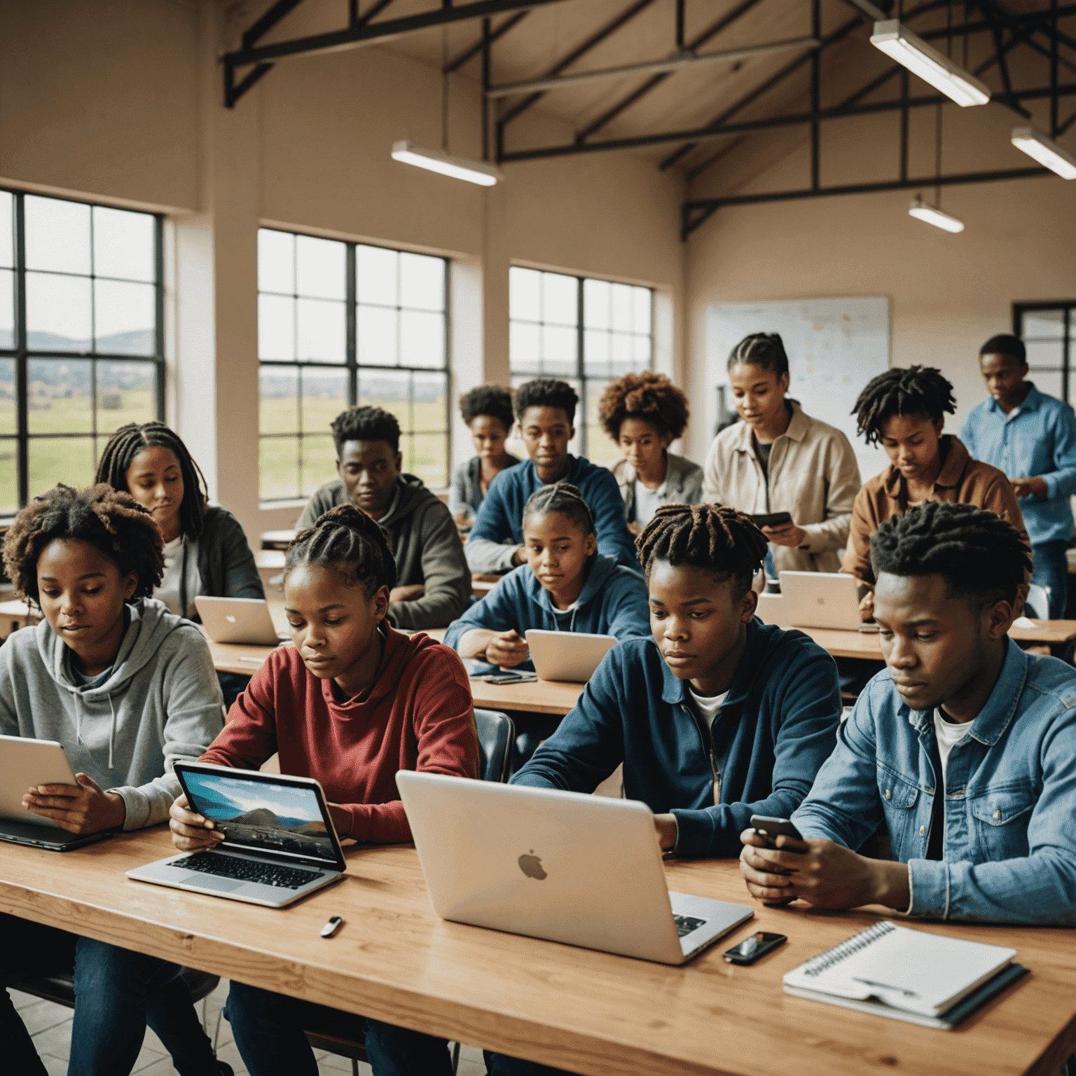 A diverse group of students using tablets and laptops in a community tech hub, with educators assisting them. The background shows a mix of urban and rural South African landscapes.