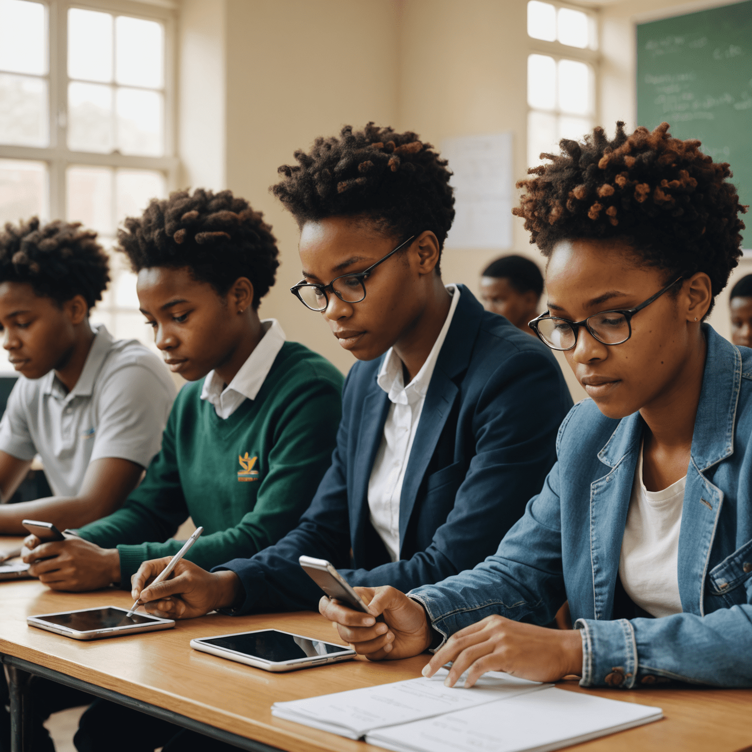 A diverse group of South African students using digital devices in a classroom, with government officials observing and discussing plans