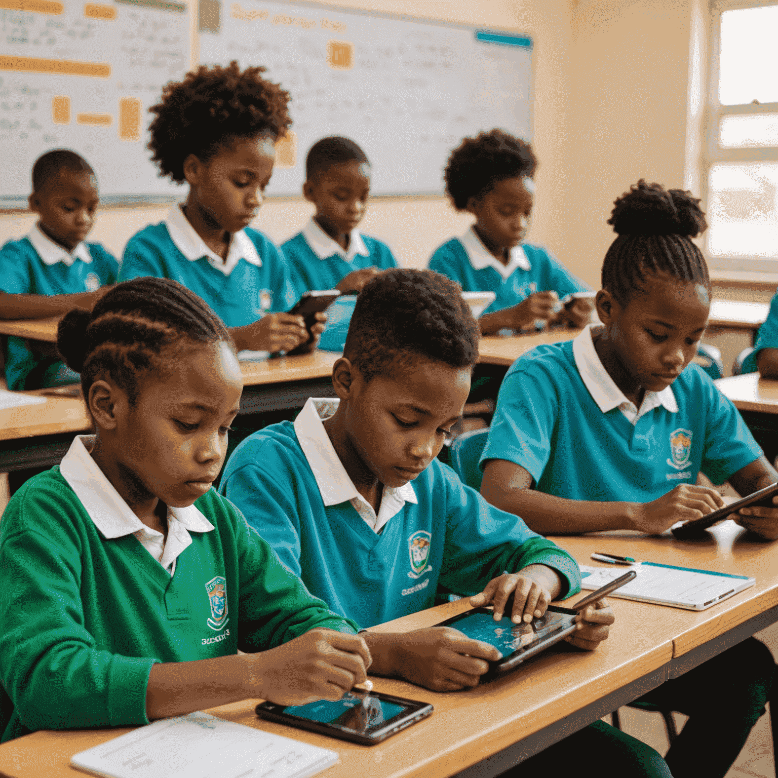 Students at Soweto STEM Academy using tablets in a brightly lit classroom, engaged in a coding lesson