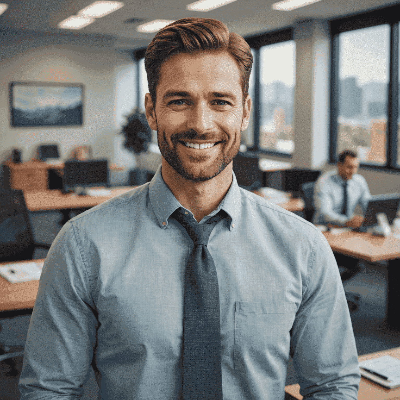 Portrait of John Smith, a man in his 30s with a warm smile, wearing a casual business attire in an office environment