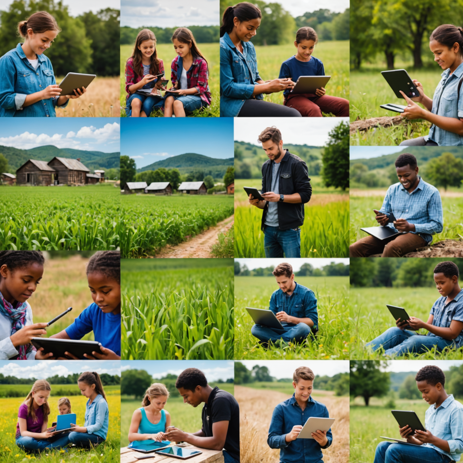 A collage of images showing mobile learning apps, community tech hubs, and students using tablets in rural settings