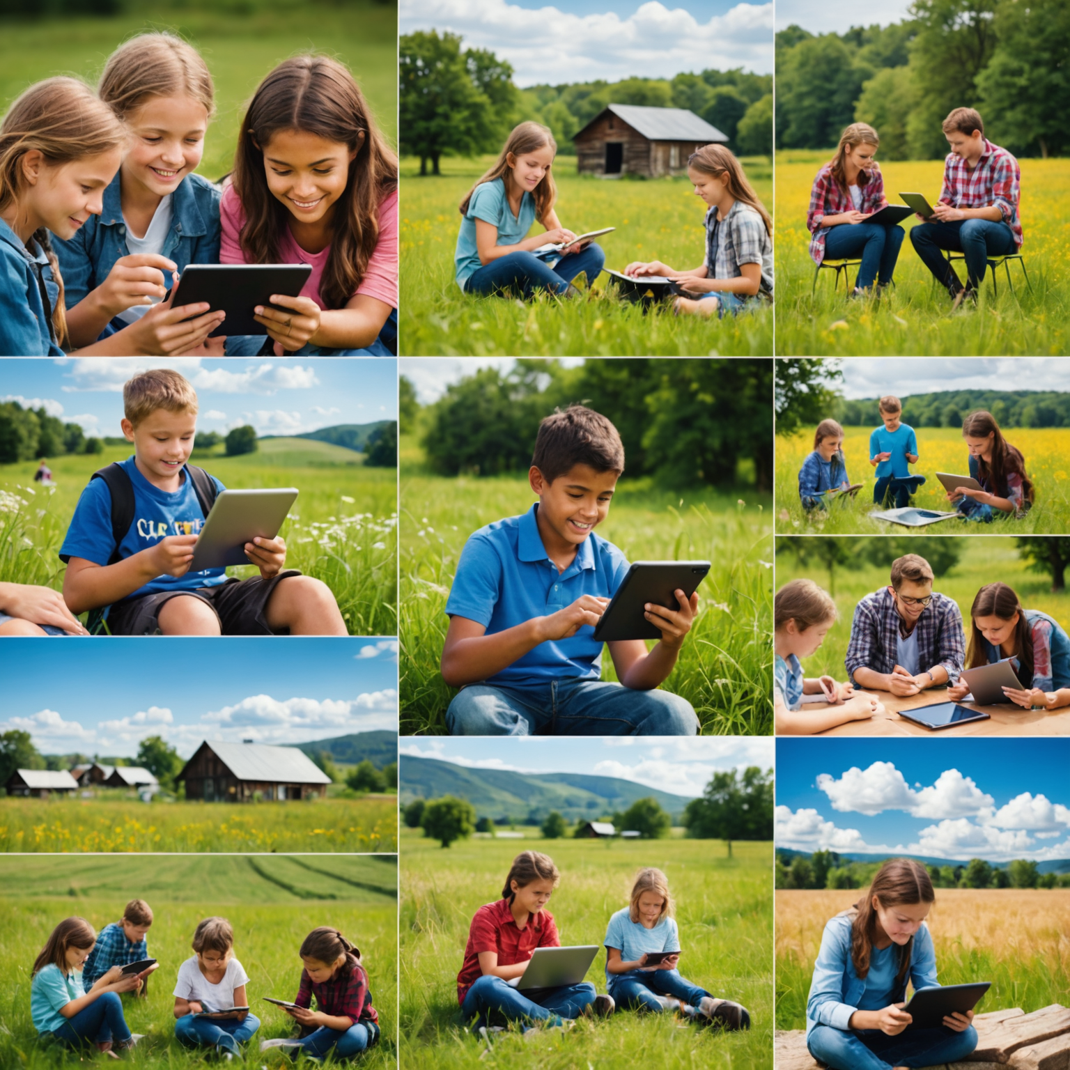 Collage of images showing mobile learning apps, community tech hubs, and students using tablets in rural settings