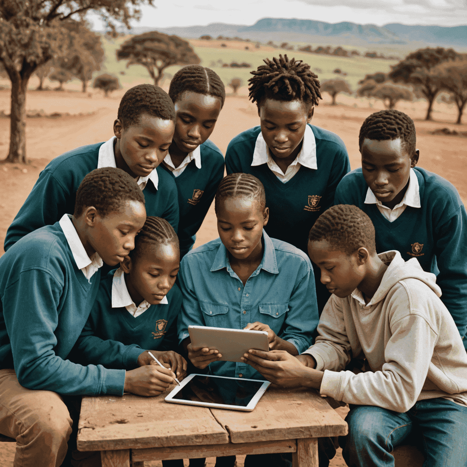 A group of South African students in a rural area gathered around a single shared tablet, symbolizing limited access to digital resources