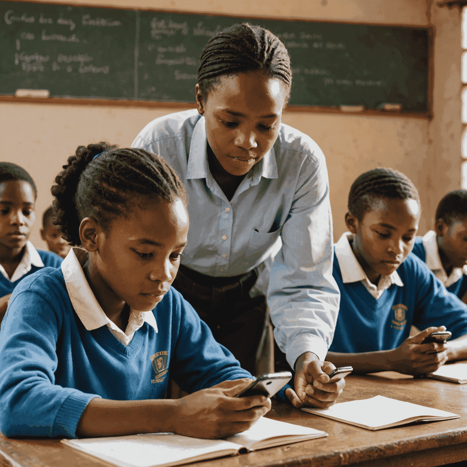 Students in a rural South African classroom using smartphones to access educational content, with a teacher guiding them