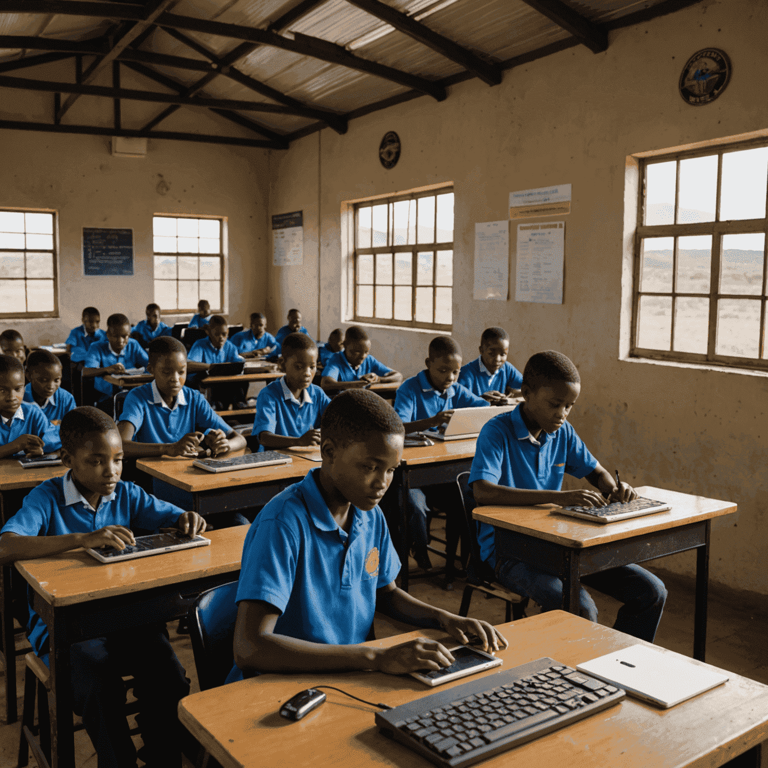 A solar-powered computer lab in a rural Eastern Cape school, with students eagerly working on computers