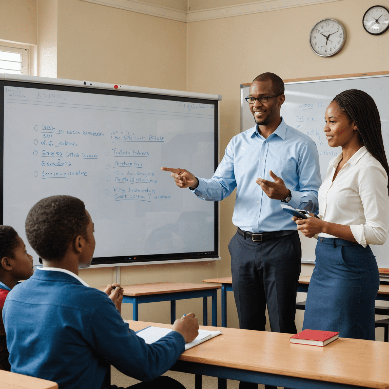 A teacher demonstrating the use of an interactive whiteboard to a classroom of diverse South African students, showcasing the integration of technology in education