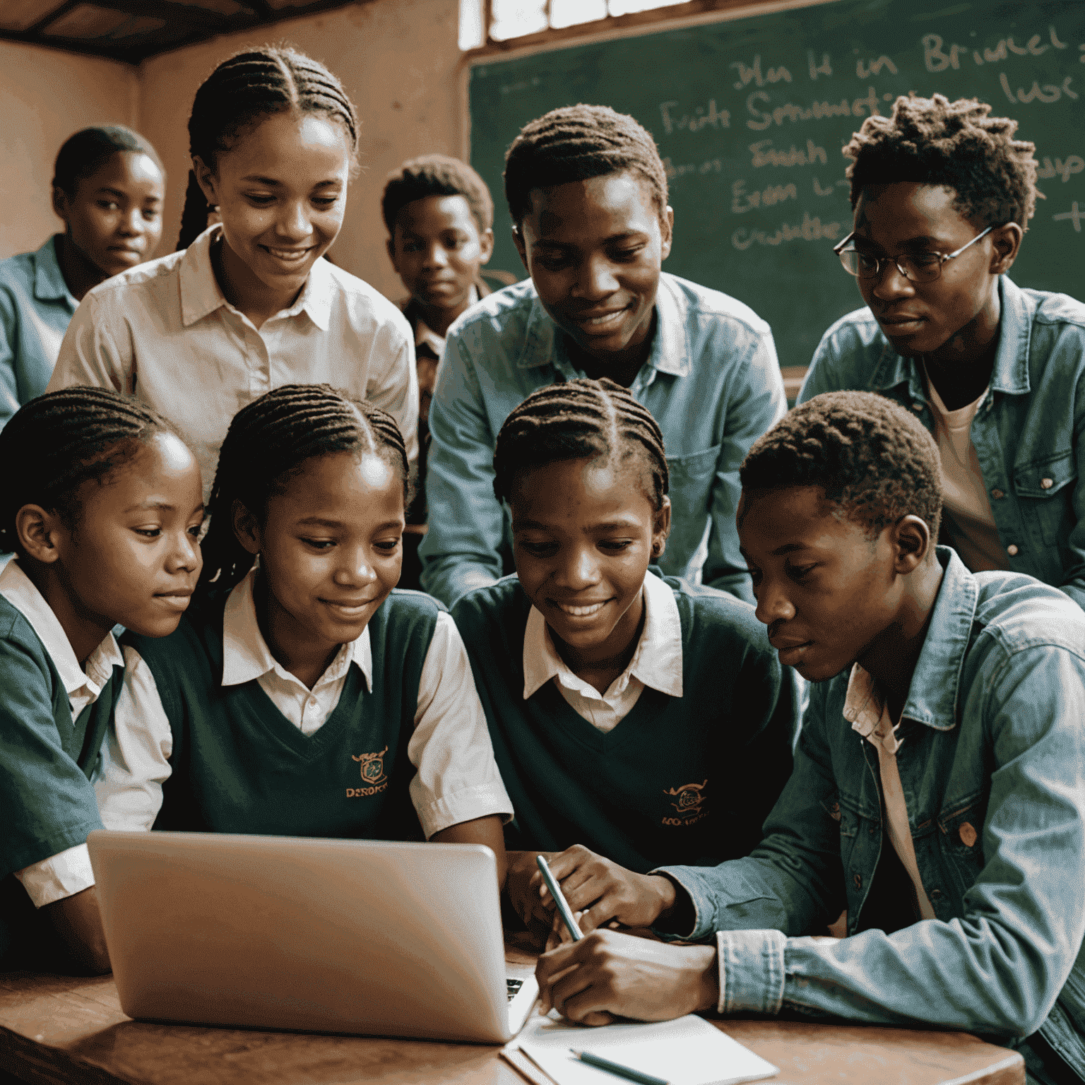 A hopeful image of diverse South African students from both urban and rural areas collaborating on a digital project, symbolizing a future of digital equality in education