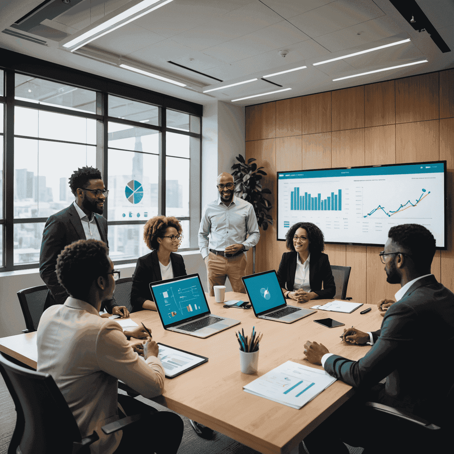 A diverse group of business consultants, educators, and tech experts collaborating in a meeting room, with charts and presentations about digital education initiatives visible