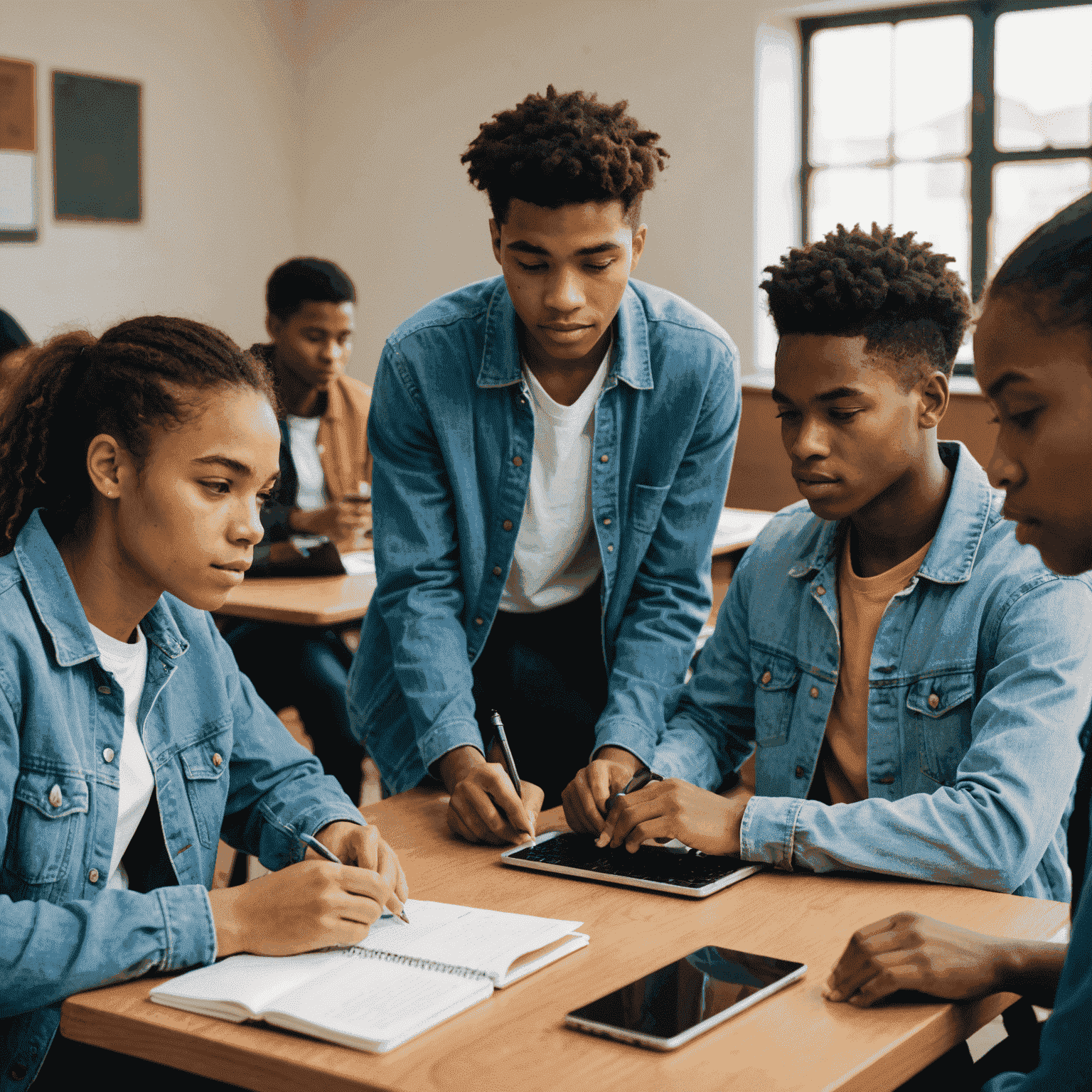 A diverse group of high school students in Cape Town participating in a blended learning class, using both digital devices and traditional materials