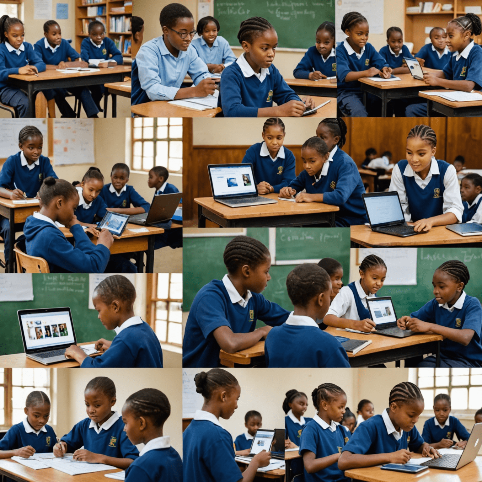 Montage of photos showing students in various South African schools actively engaging with digital learning tools