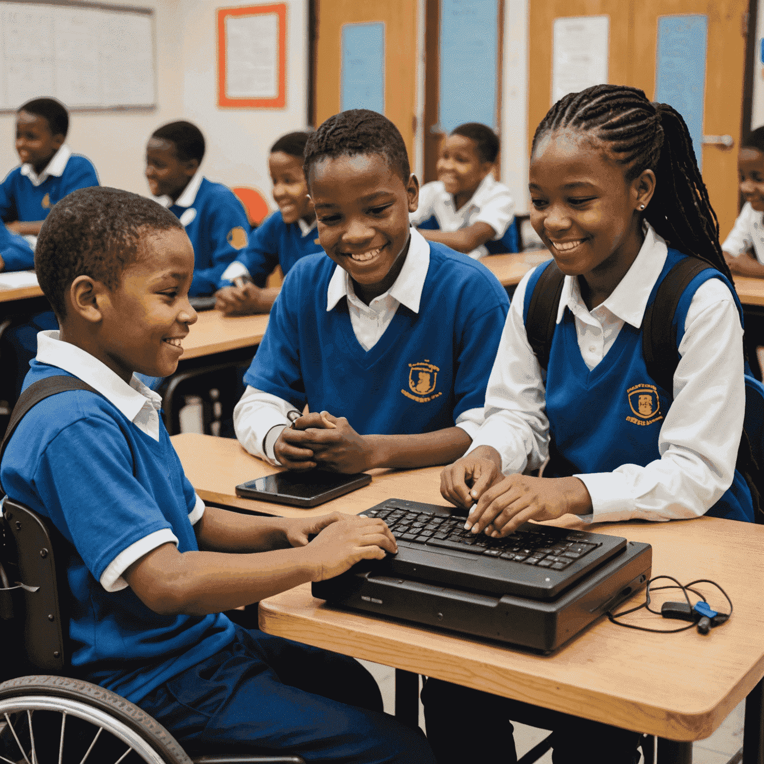 Students with various disabilities using adaptive technologies in a Durban school, smiling and engaged in their lessons