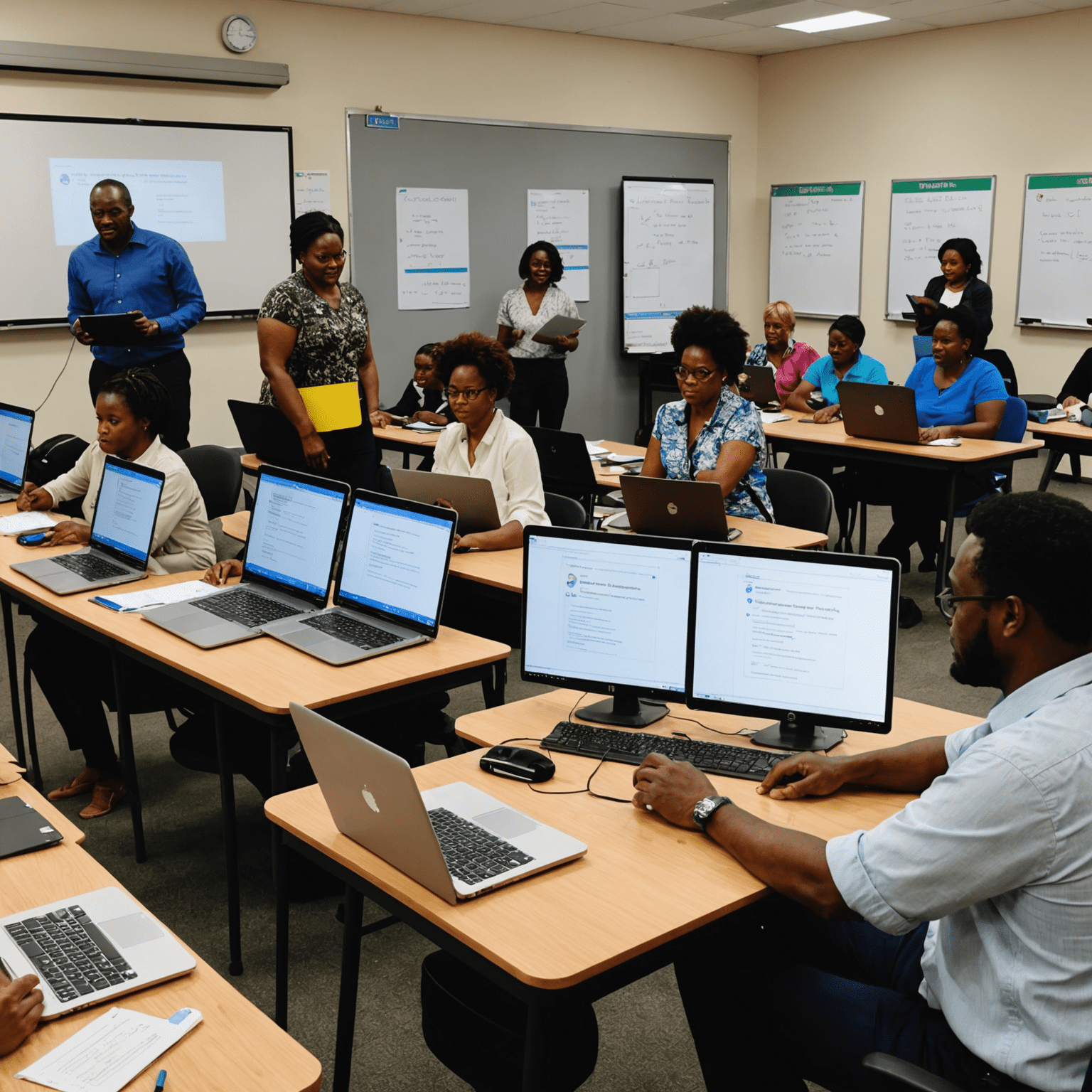 Image of South African teachers participating in a digital skills workshop, using laptops and interactive whiteboards