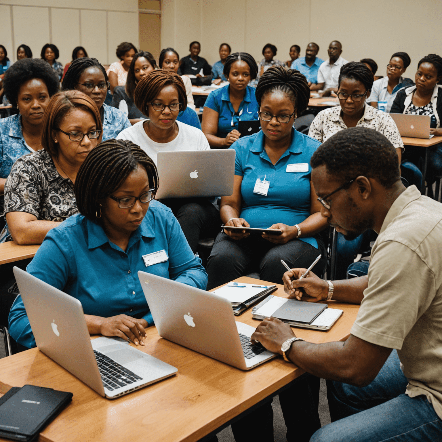 A group of teachers in Pretoria attending a workshop on educational technology, actively participating with laptops and tablets